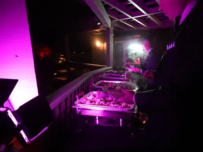 Chafing buffet line running through an evening Hillsborough event