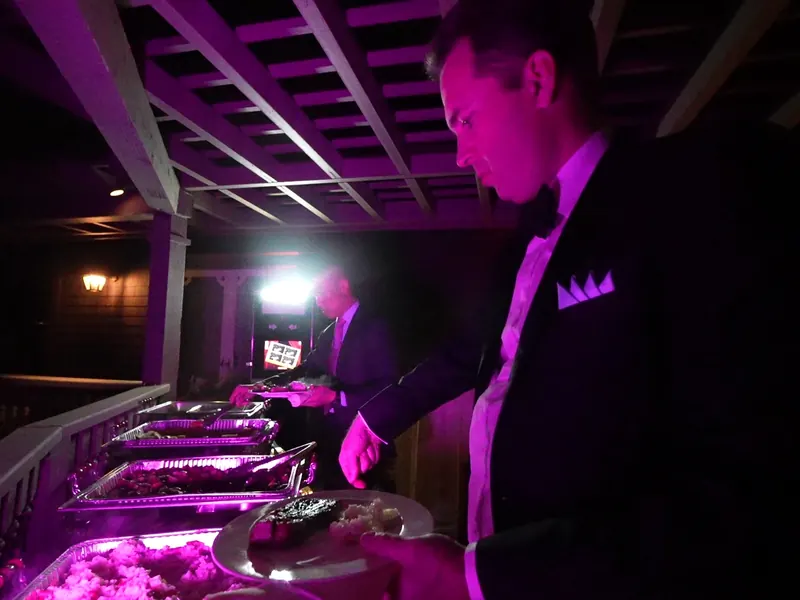 Buffet line lit for an evening reception in Foster City