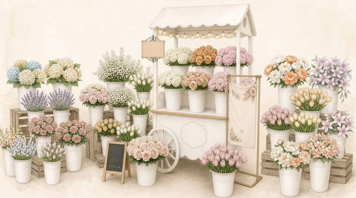 Custom Bloom Bar cart filled with seasonal roses, daisies, and eucalyptus for guests to wrap their own bouquets — floral add-on from our San Mateo catering team