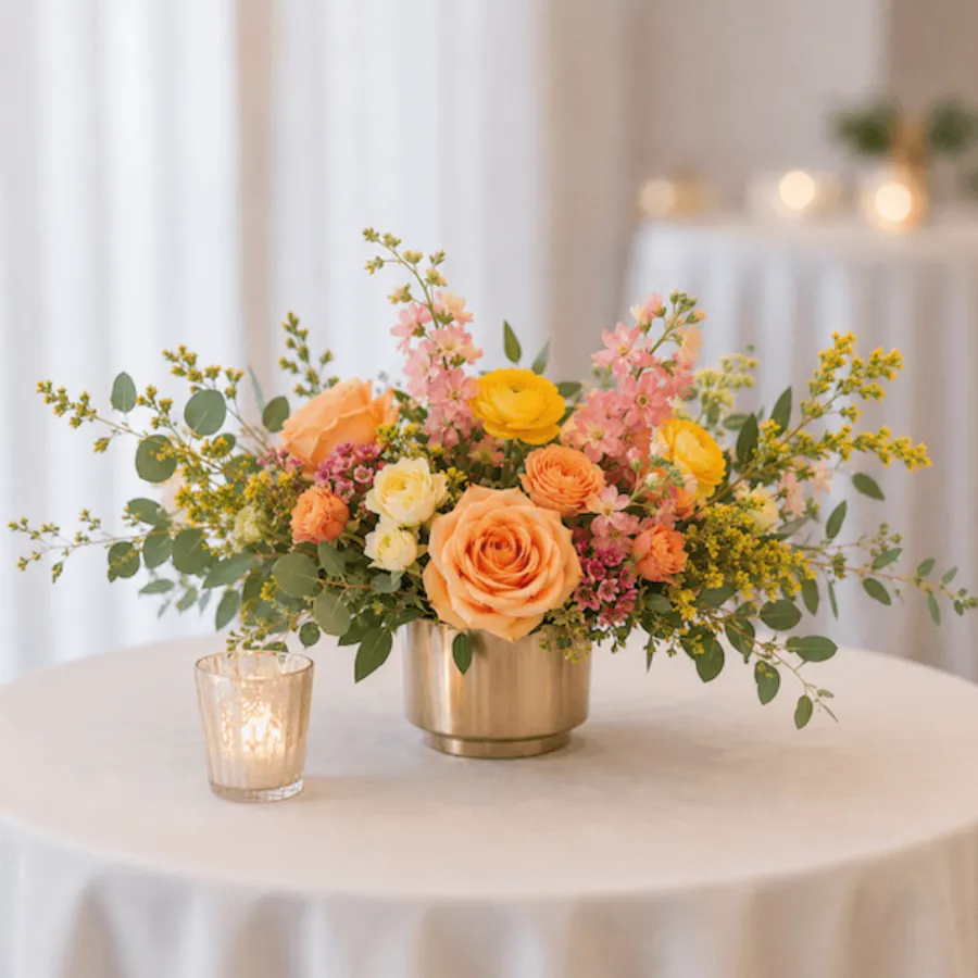 Medium centerpiece in a gold vessel with bright yellow roses, peach ranunculus, and colorful cheerful blooms on a warm-toned tablescape