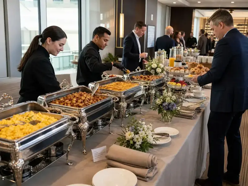 San Mateo Catering Company serving a complete office breakfast with eggs, potatoes, pastries, fruit, juice, and coffee.