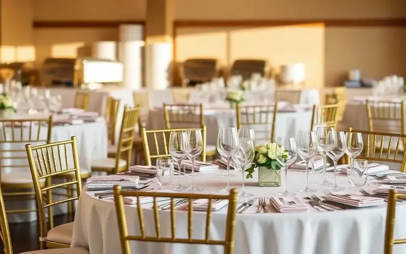San Mateo event rental display with fully dressed dining tables, coordinated napkins, flatware, glassware, and centerpieces.
