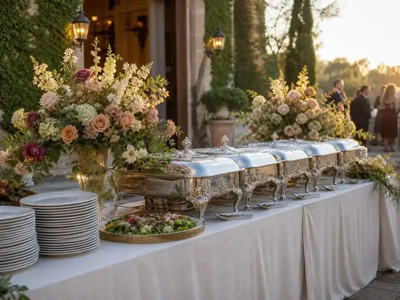 San Mateo reception table arranged with garden roses, hydrangeas, silver chafing dishes, and neatly stacked china.