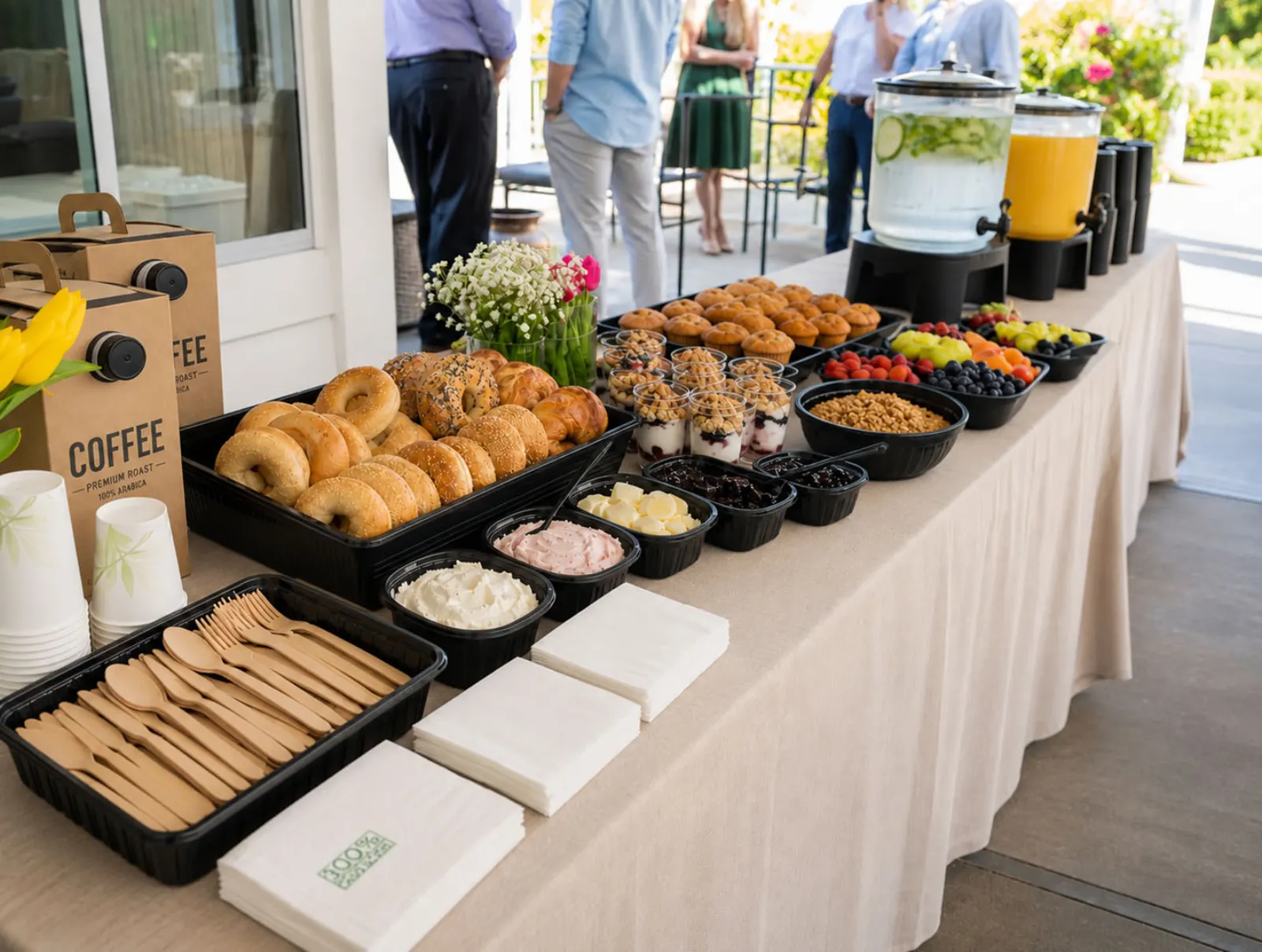 Drop-off continental breakfast display with bagels, muffins, yogurt parfaits with granola, fresh fruit and berries, coffee, iced water, and orange juice on a linen-draped outdoor buffet by San Mateo Catering Company