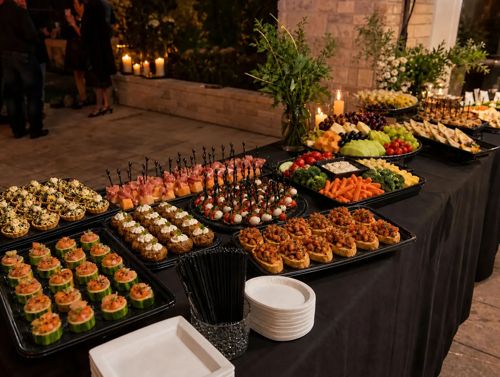 Elegant evening drop-off appetizer station with caprese skewers, prosciutto and melon, bruschetta, stuffed mushrooms, smoked salmon cucumber cups, artichoke tartlets, crudité, fresh fruit and cheese trays, and candlelit florals by San Mateo Catering Company