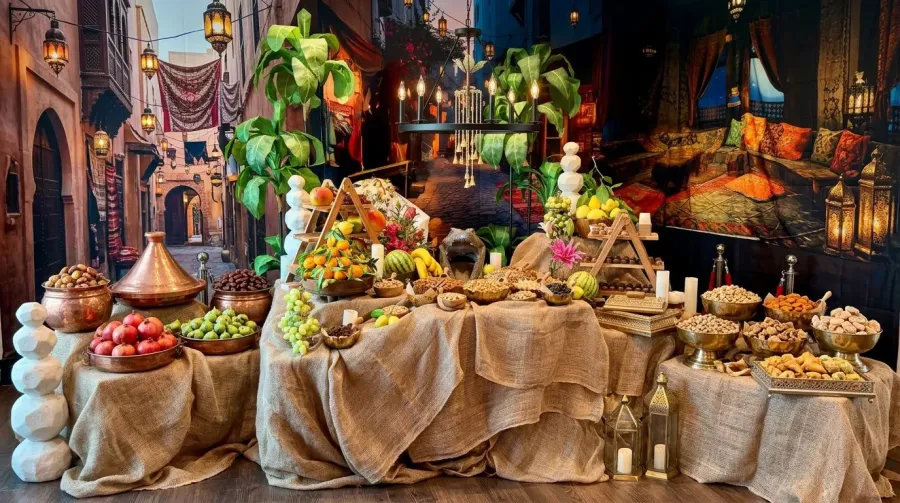 Jewel-toned grazing display of dried fruit, nuts and honeyed sweets dressed with dramatic blooms and greenery — themed floral styling for San Bruno catering