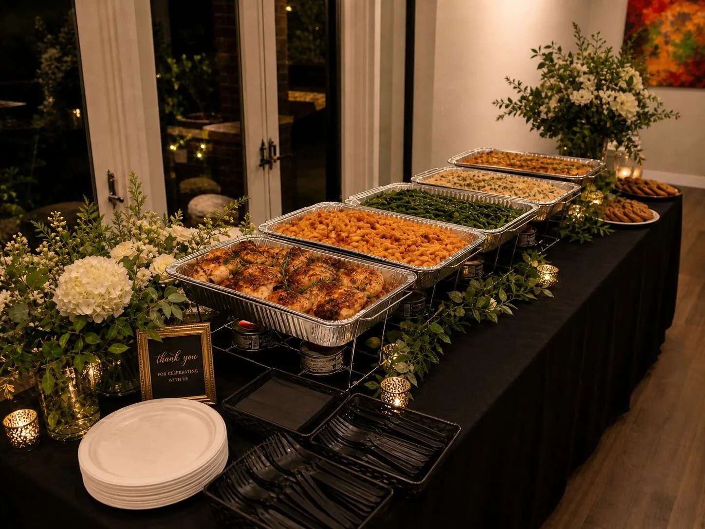 Delivered family-style dinner of roast chicken, baked pasta and green beans down a table lined with candles and small bouquets — floral-styled dinner drop-off for Belmont catering