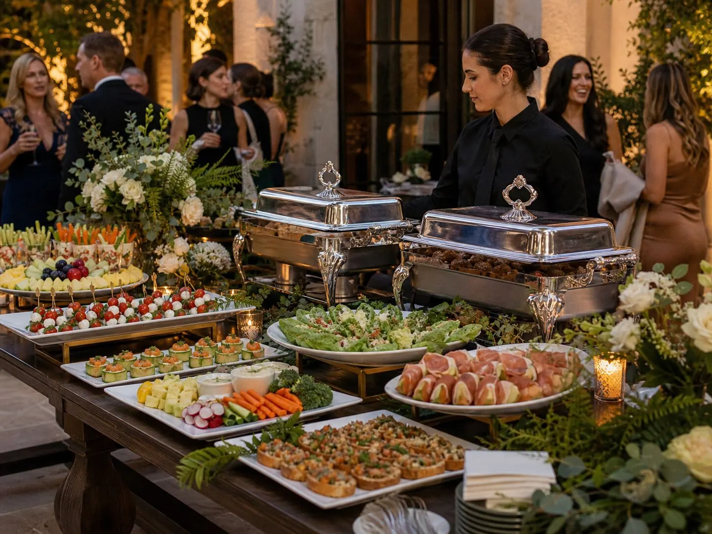 Staffed appetizer station with cheeses, crostini and fresh fruit during cocktail hour at a Foster City event by San Mateo Catering Company