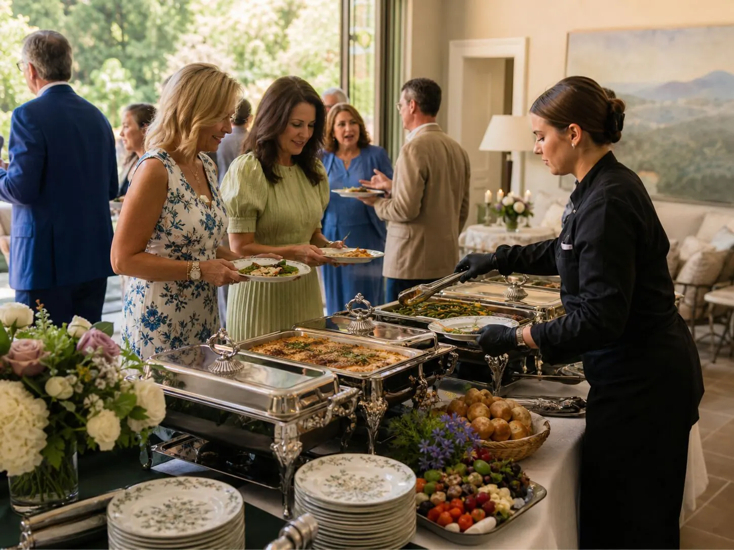 Staffed full-service lunch line with carved entrees and seasonal sides at a Millbrae corporate event by San Mateo Catering Company