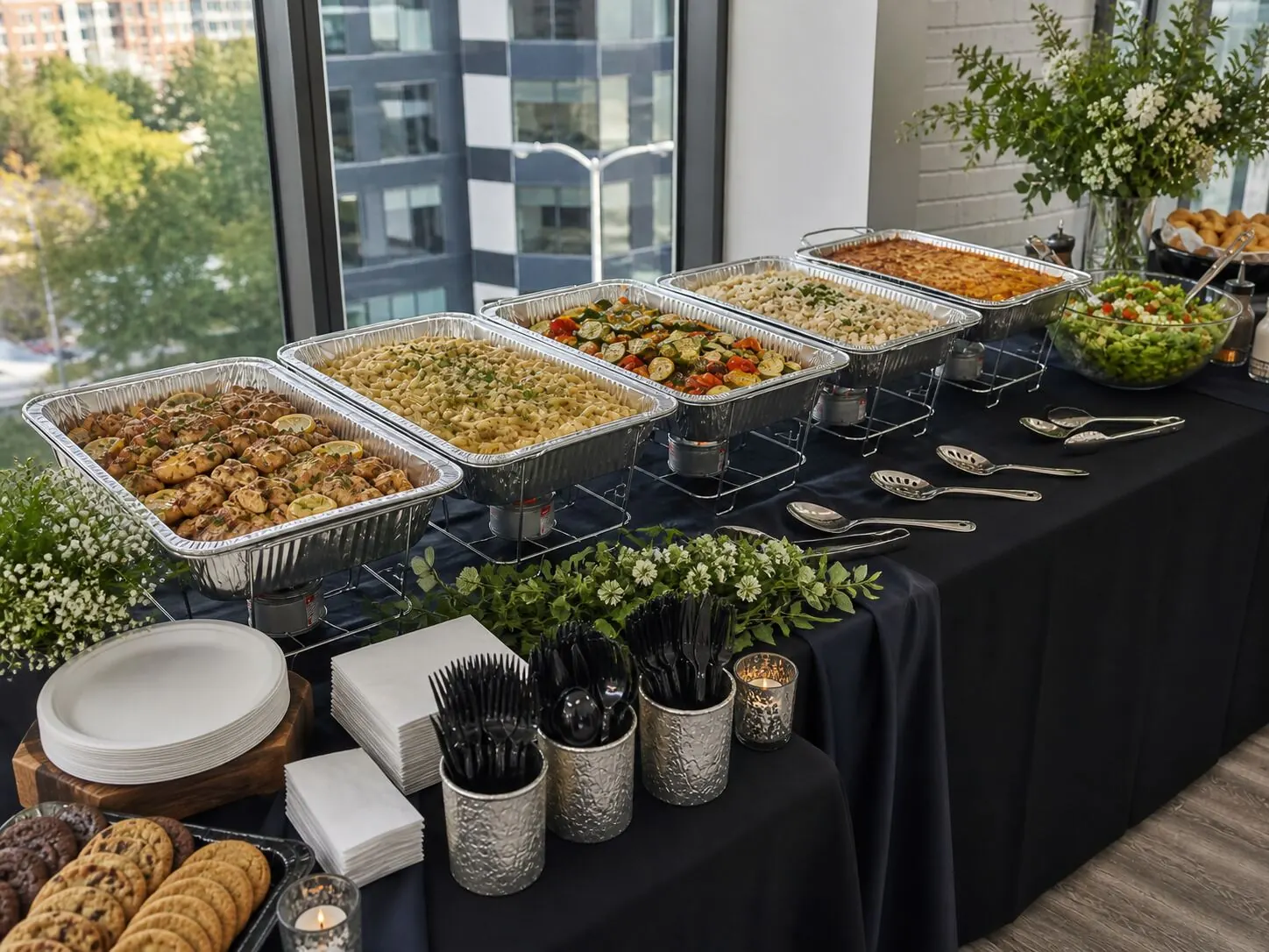 Hot lunch buffet of entrees, rice and roasted vegetables delivered to a Burlingame office by San Mateo Catering Company