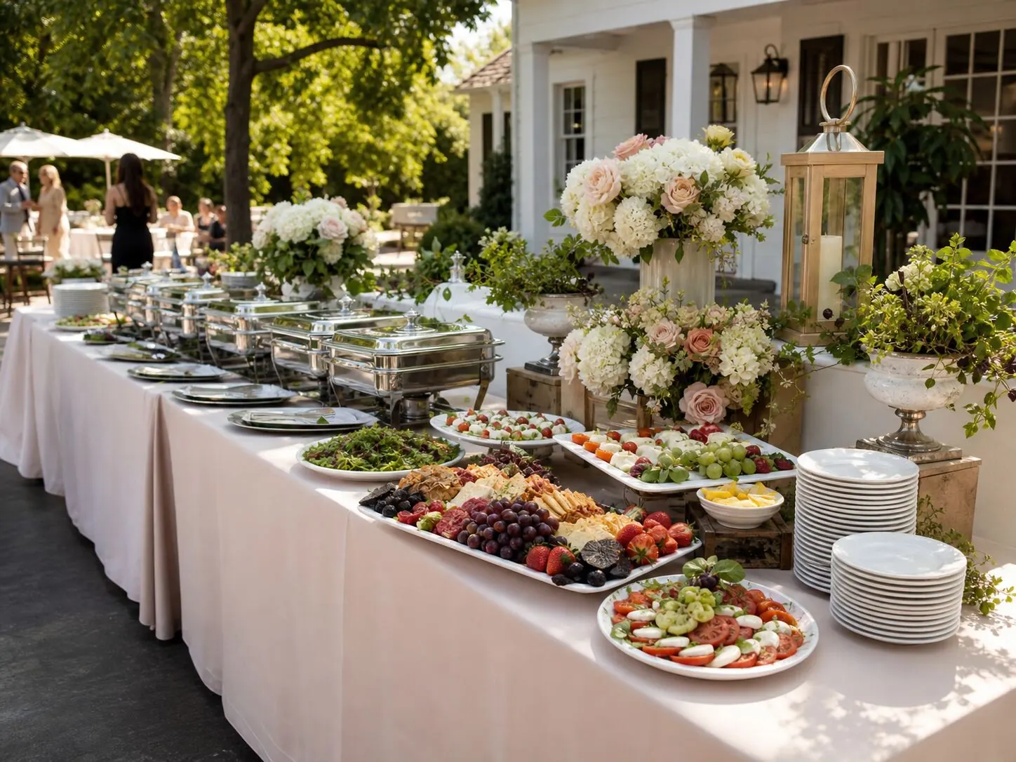Open-air buffet pairing silver chafers and charcuterie boards with garden arrangements down the table — outdoor floral styling for Half Moon Bay catering